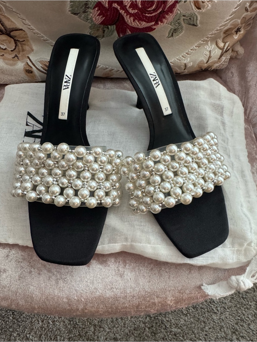ZARA Black Slide Sandals with Pearl-Cluster Strap